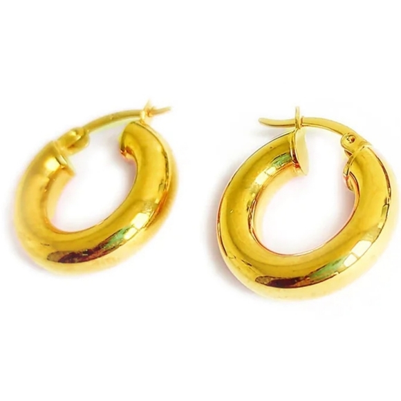 Gold over Silver 925 Puffed Hoops Earrings - Picture 2 of 13